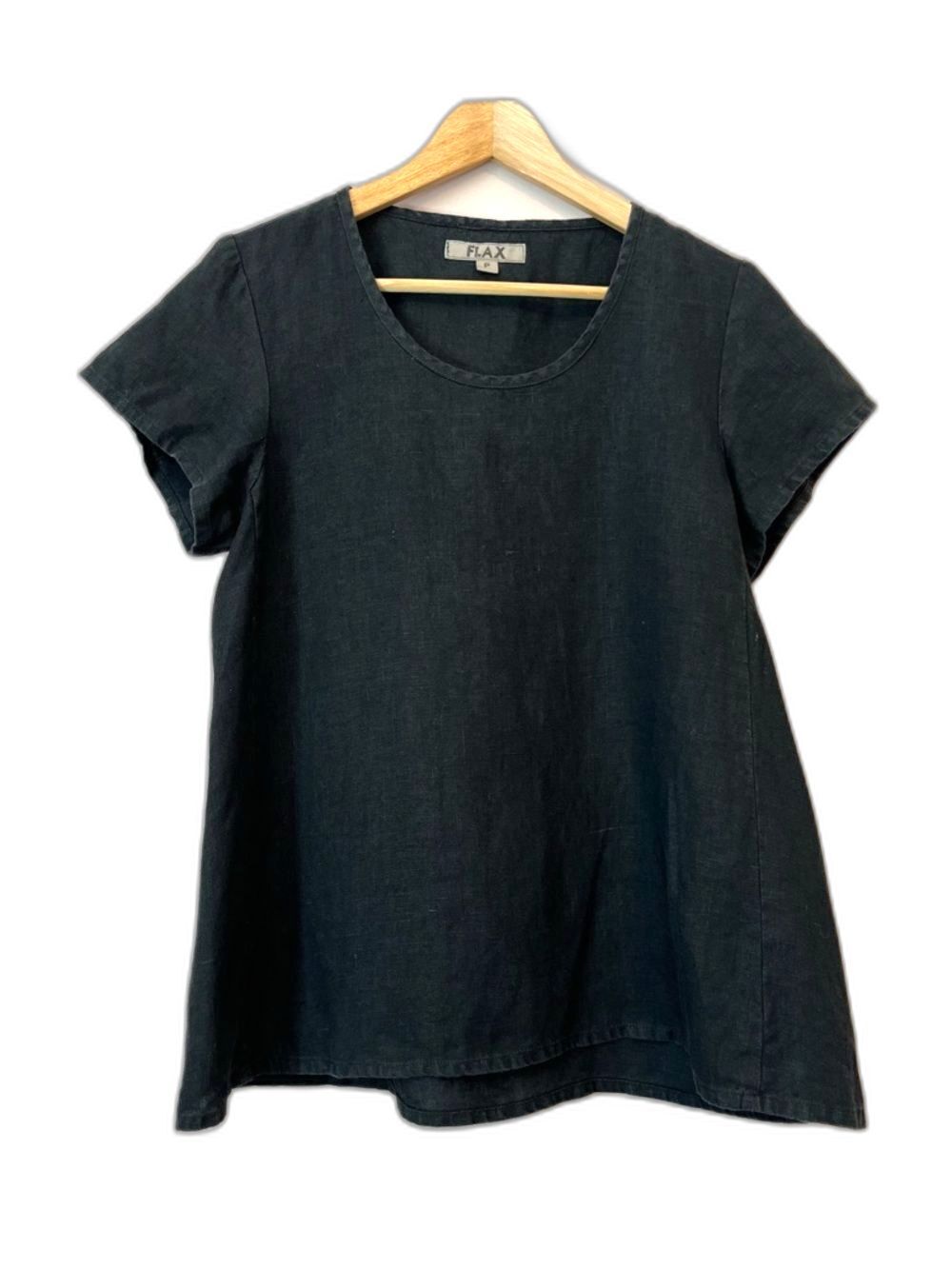 FLAX Linen Top Sz P 4/6 Washed Black A-Line Short Sleeve Lagenlook Minimalist